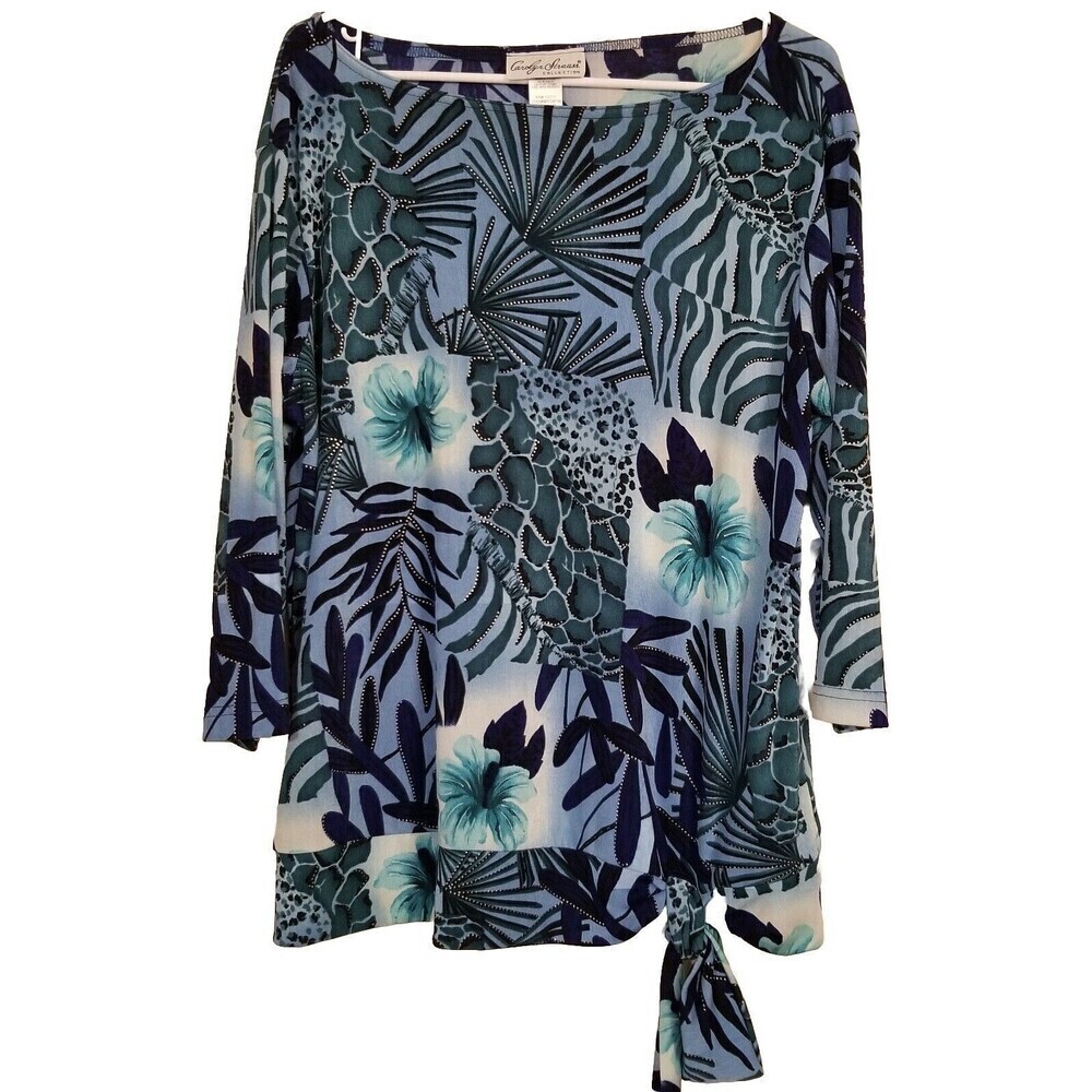 Carolyn Strauss Womens Blouse Large Blue Floral Tie Front Pull over Half Sleeve